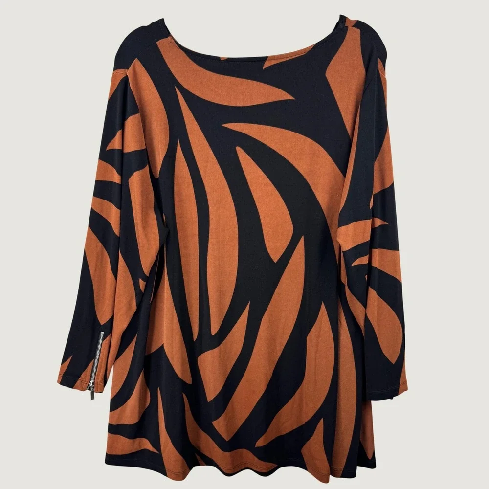 Chico's Travelers Top Womens 20/22 Rust Black Abstract Zipper Cuff Blouse